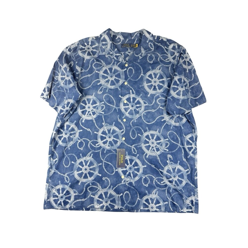 Polo Ralph Lauren Linen Blend Camp Shirt Men 2XLT Blue Overprinted Rope Wheel